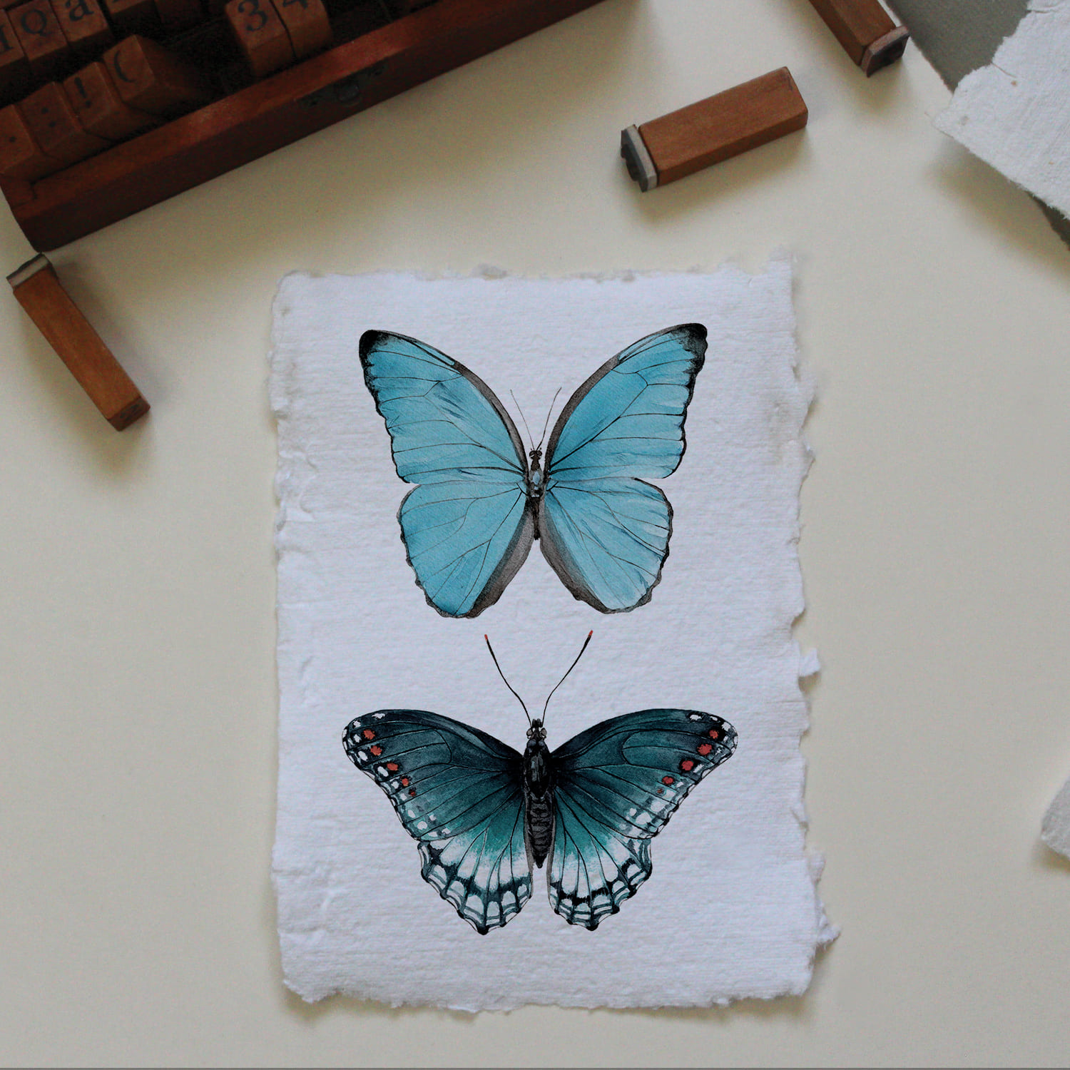 Mockup tirage artisanal papillons bleus